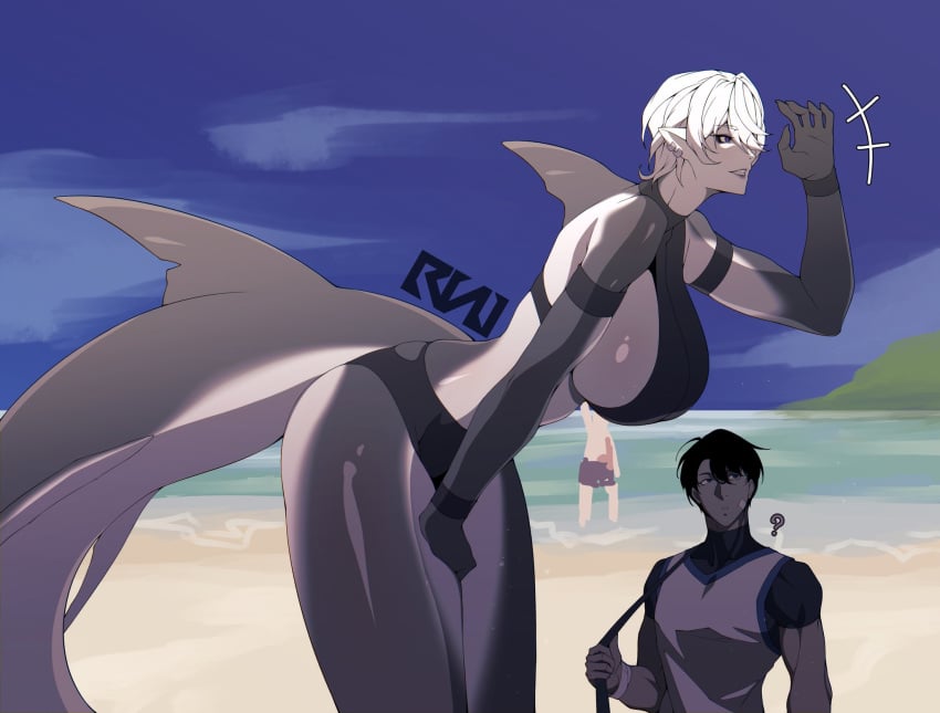 1boy 1girls beach big_breasts breasts cero_rains height_difference human human_male larger_female lookout shark_girl shark_humanoid sharp_teeth short_hair size_difference smaller_male swimsuit thighs