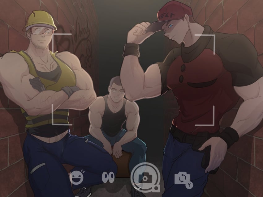 alley alpha_male bidbrock camera_pov city_npc_(pokemon) cocky courier_(pokemon) crossed_arms fully_clothed hard_hat male male_only muscles muscular nintendo npc_trainer pokemon sitting worker_(pokemon)