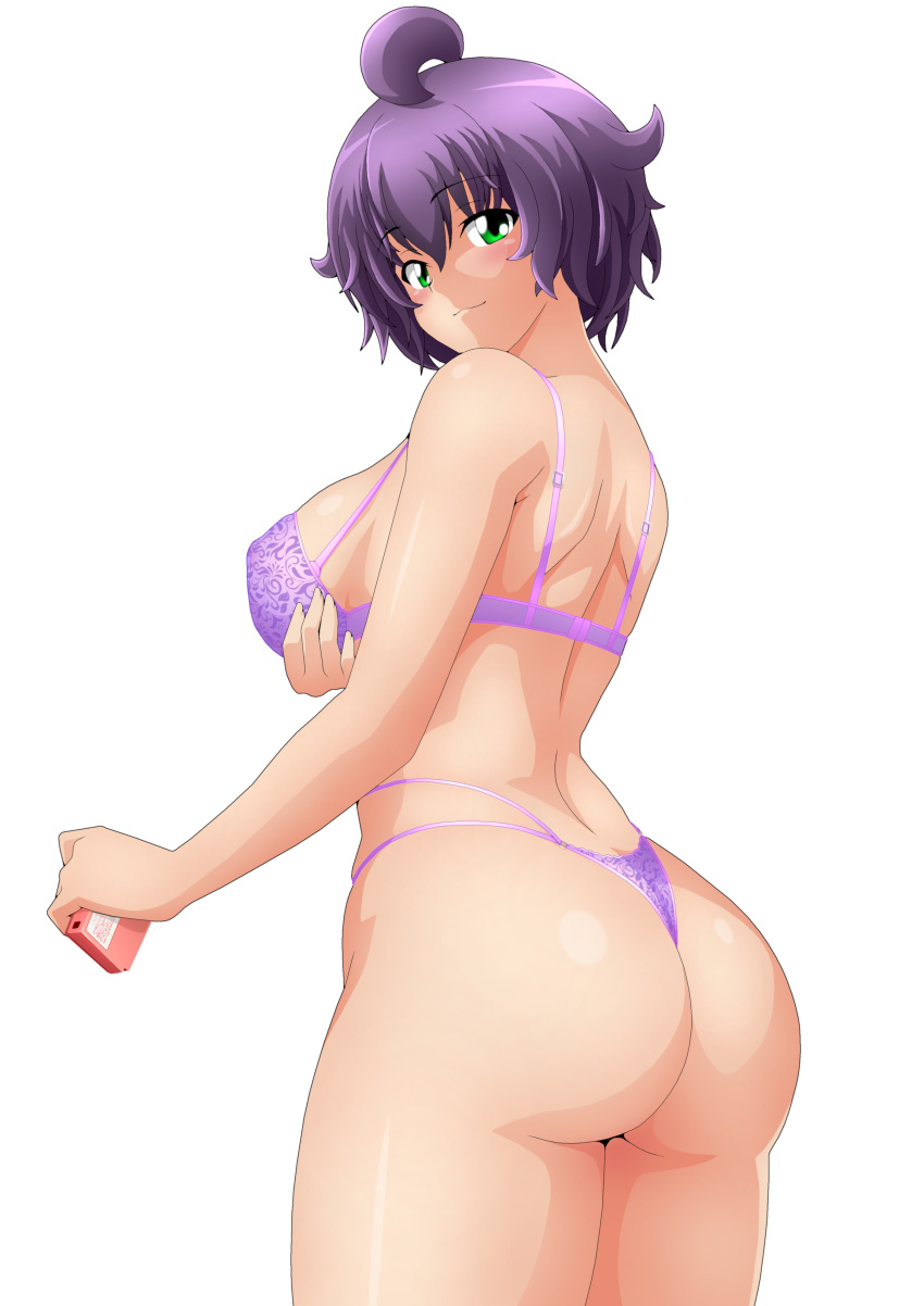 1girls ass big_ass big_breasts blush bra breasts bubble_butt busty dat_ass fat_ass female female_only green_eyes hi_res huge_ass large_breasts looking_at_viewer looking_back panties purple_bra purple_hair purple_panties seductive seductive_smile sensual short_hair sideboob smile solo thick_thighs thighs thong underwear voluptuous yukino_akaihi yukino_memories zel-sama