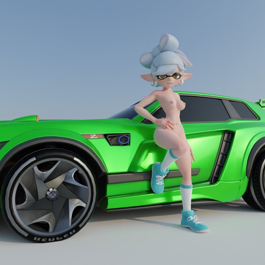 3d 3d_(artwork) biting_lip blender3d blender_(software) blender_cycles car female female_only fennec full_body goes_hard gray_hair hand_on_hip inkling leaning_back leg_up light-skinned_female looking_at_viewer marie_(splatoon) marie_(wo262) naked_footwear no_bra no_panties no_underwear nude nude_female rocket_league shoes shoes_only socks socks_and_shoes solo splatoon sports_car squid_sisters tealgerudo vehicle