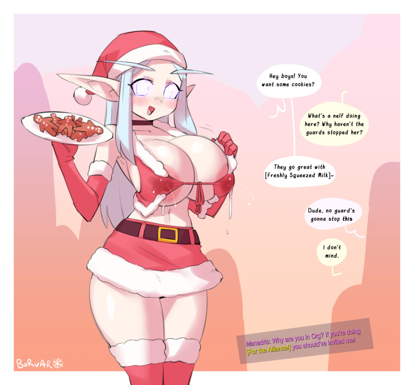 blizzard_entertainment borvar dialogue elbow_gloves elf female front_view glowing_eyes huge_breasts lactation lactation_through_clothes light_skin long_hair night_elf original original_character santa_hat santa_outfit skimpy skirt smile text thigh_highs uynil(diabeticcat) white_hair world_of_warcraft