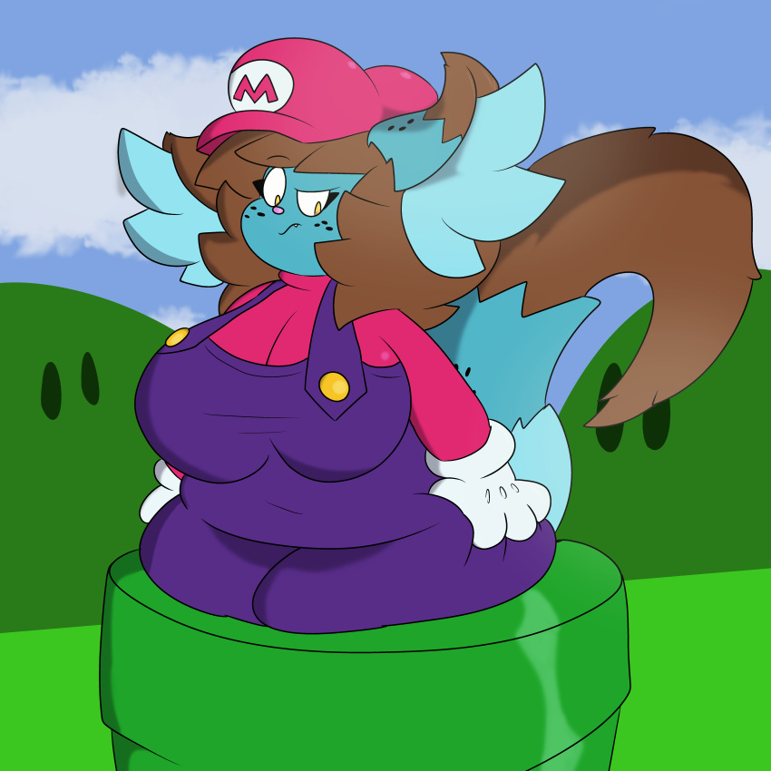 absurd_res anthro bad_anatomy belly breasts chibi_(chibitay) chibitay cosplay fat hi_res mario mario_(series) nintendo pipes stuck super_mario_bros. thick_thighs thighs warp_pipe