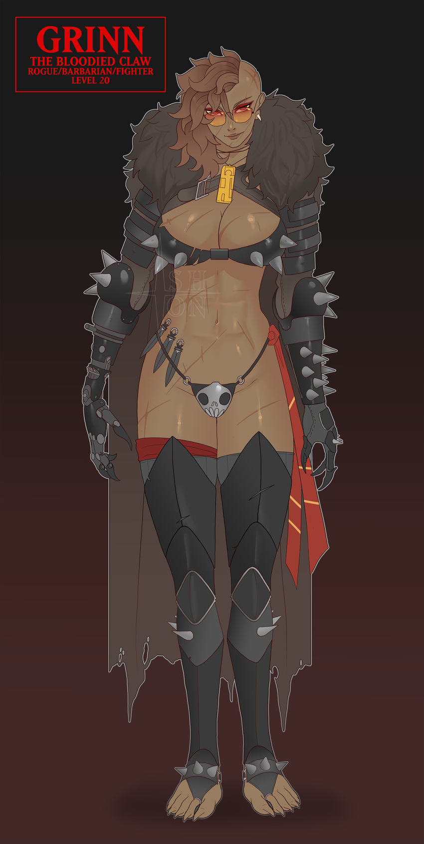 1girls abs armor bikini_armor cape dark-skinned_female dark_skin dungeons_and_dragons earring female fit fit_female fur fur_armor grinn_(ishton) ishton knives looking_at_viewer muscular muscular_female necklace orange-tinted_eyewear red_eyes scar scar_on_breast scar_on_breasts scar_on_face scar_on_head scar_on_leg scar_on_legs scar_on_stomach scars scars_on_body scars_on_breast scars_on_face scars_on_legs scars_on_stomach scars_on_thighs shades side_shave solo solo_female solo_focus spiked_armor spikes sunglasses tagme text tinted_eyewear weapon weapons