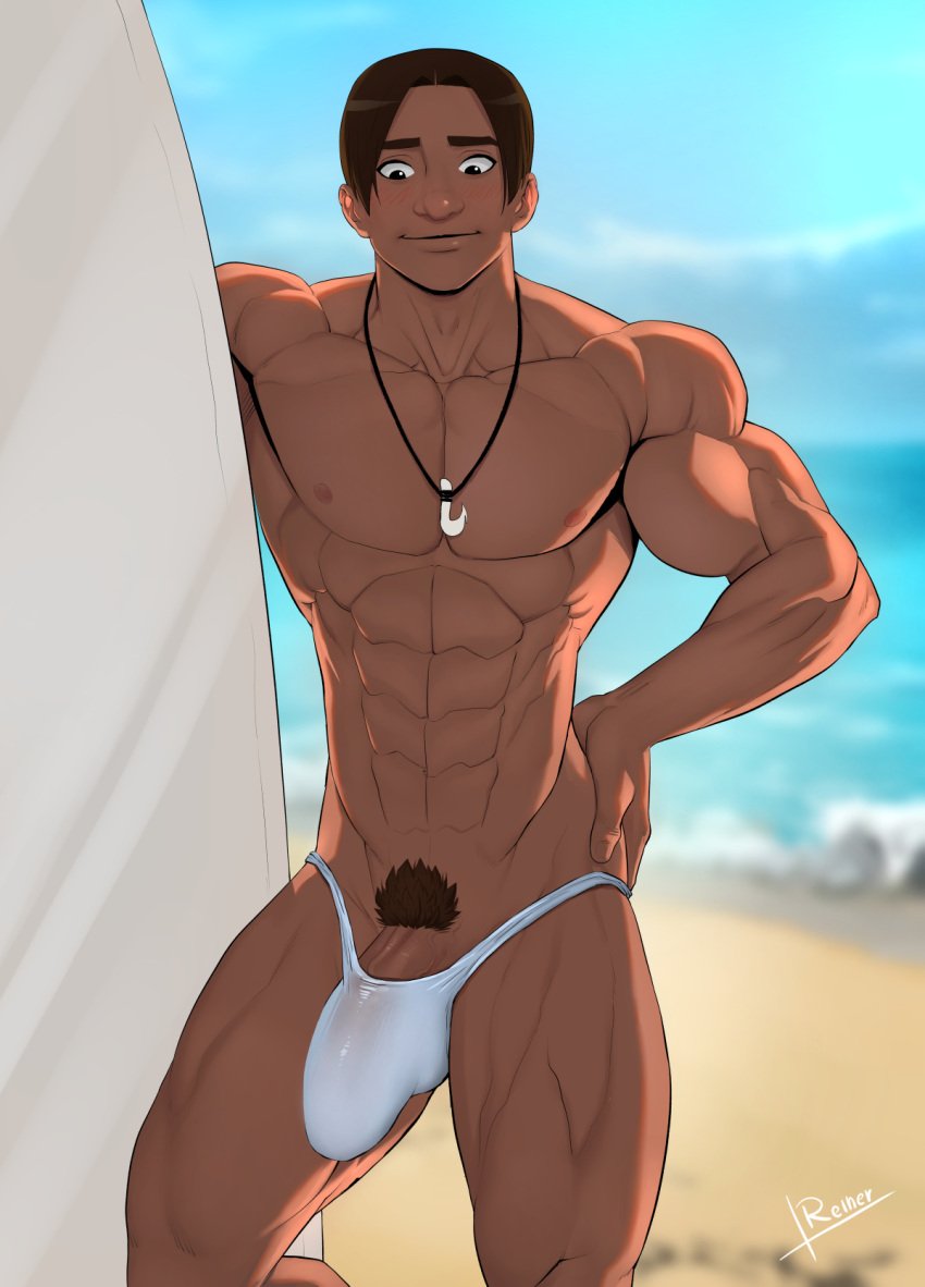 1boy abs bara beach big_penis blurry_background bulge dark-skinned_male dark_hair david_kawena eight_pack g-string gay hand_on_hip huge lilo_and_stitch looking_down male male_only muscular muscular_arms muscular_male muscular_pecs muscular_thighs necklace nipples pubic_hair reiner55 serratus serratus_anterior solo surfboard thong underwear v-line white_underwear yaoi