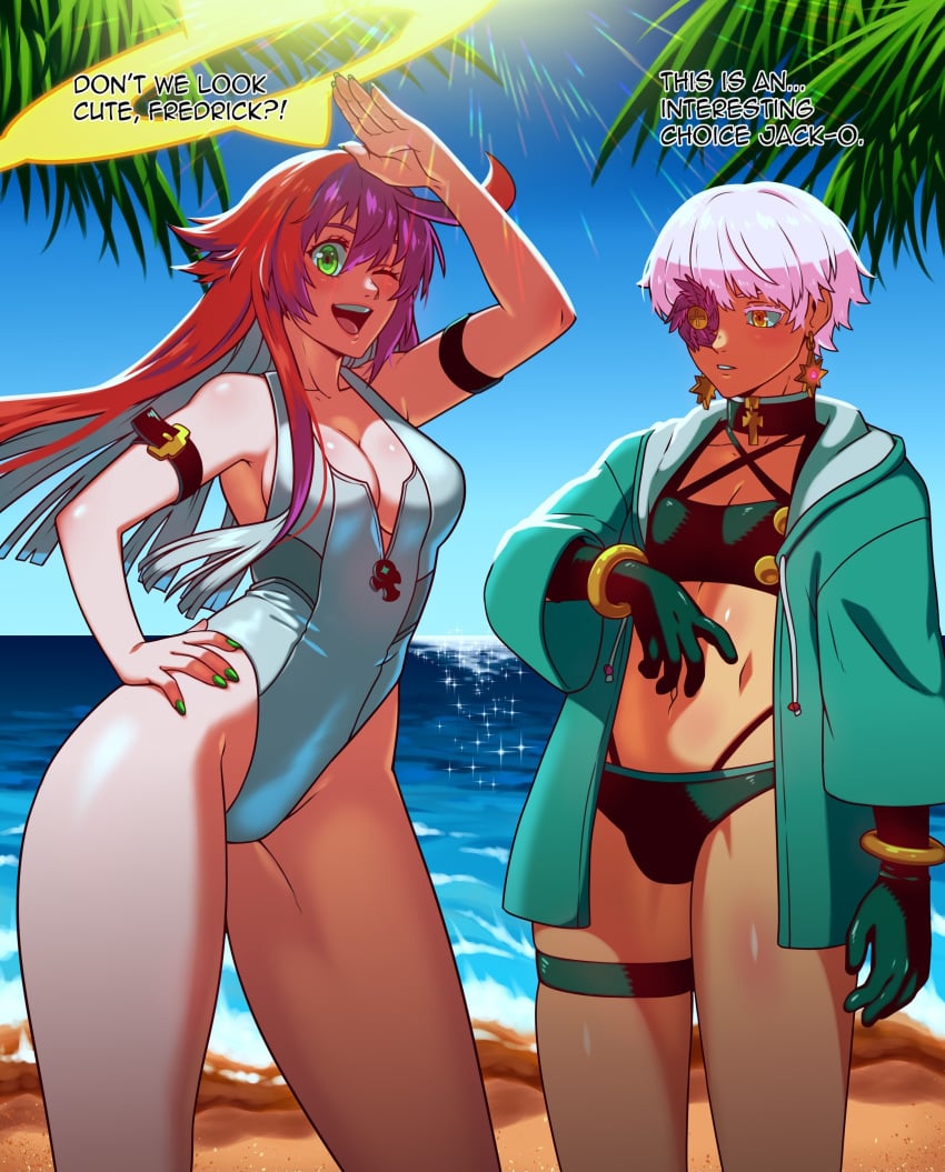 1boy asuka_r._kreutz beach beachwear bikini cheating cherrypicmilk coat female femboy guilty_gear guilty_gear_strive halo jack-o'_valentine long_hair one-piece_swimsuit red_hair short_hair text white_hair