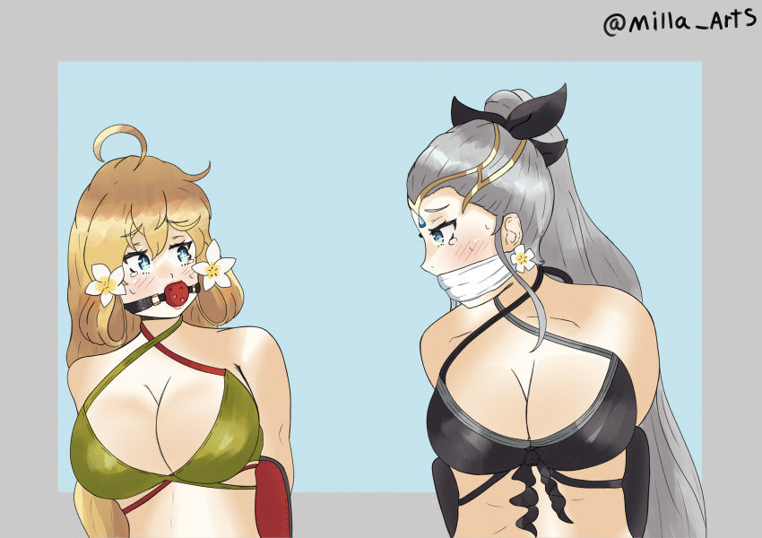 2girls alternate_costume ball_gag bare_midriff bikini black_bikini black_swimsuit blonde_hair blue_background blue_eyes bondage bound bound_to_chair breasts chair cleavage eir_(fire_emblem) eir_(summer)_(fire_emblem) female female_only fire_emblem fire_emblem_heroes flower gag green_bikini green_swimsuit grey_hair hair_flower large_breasts looking_at_another midriff milla_arts mother_and_daughter multiple_girls multiple_subs nervous nintendo official_alternate_costume ponytail restrained sitting sweat swimsuit tearing_up tears very_long_hair worried ymir_(fire_emblem_heroes) ymir_(summer)_(fire_emblem_heroes)