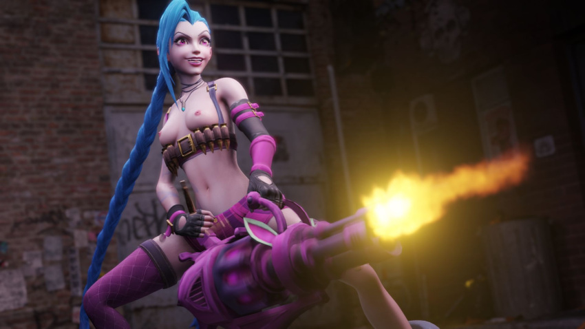 3d blue_hair breasts_out jinx_(league_of_legends) league_of_legends machine_gun pink_eyes small_breasts stockings weapon