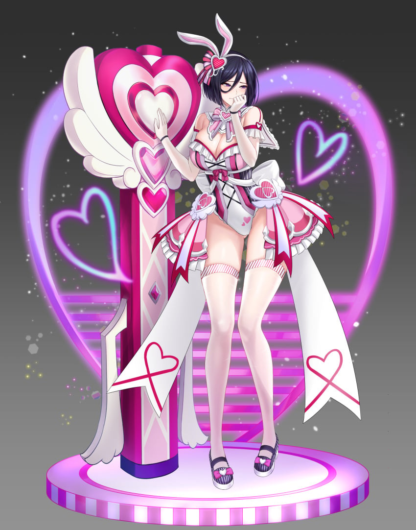 absurdres alternate_costume animal_ears bindong black_hair breasts cleavage counter:side covered_navel elbow_gloves female full_body gloves gluteal_fold hair_between_eyes hair_ornament hayami_sanae heart heart_hair_ornament highres purple_eyes rabbit_ears solo thighhighs white_gloves white_thighhighs