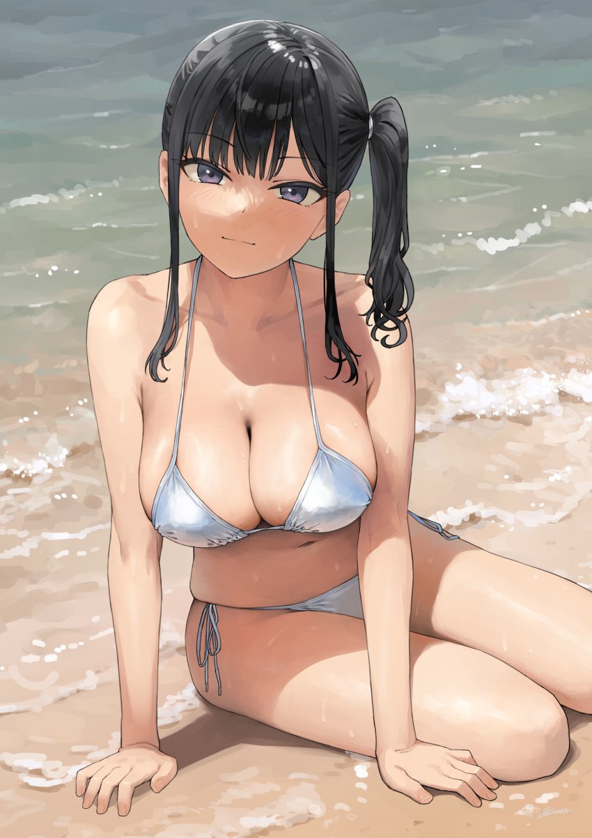 1girls arm_support bangs bare_arms bare_shoulders beach bikini black_hair blush breasts cleavage closed_mouth collarbone female halterneck huge_breasts kaedeko_(kaedelic) large_breasts long_hair looking_at_viewer miyuki_sasaki_(kaedeko) navel ocean original outdoors purple_eyes sand side-tie_bikini_bottom side_ponytail sidelocks sitting skindentation smile solo stomach string_bikini swimsuit thighs water wet wet_hair white_bikini yokozuwari