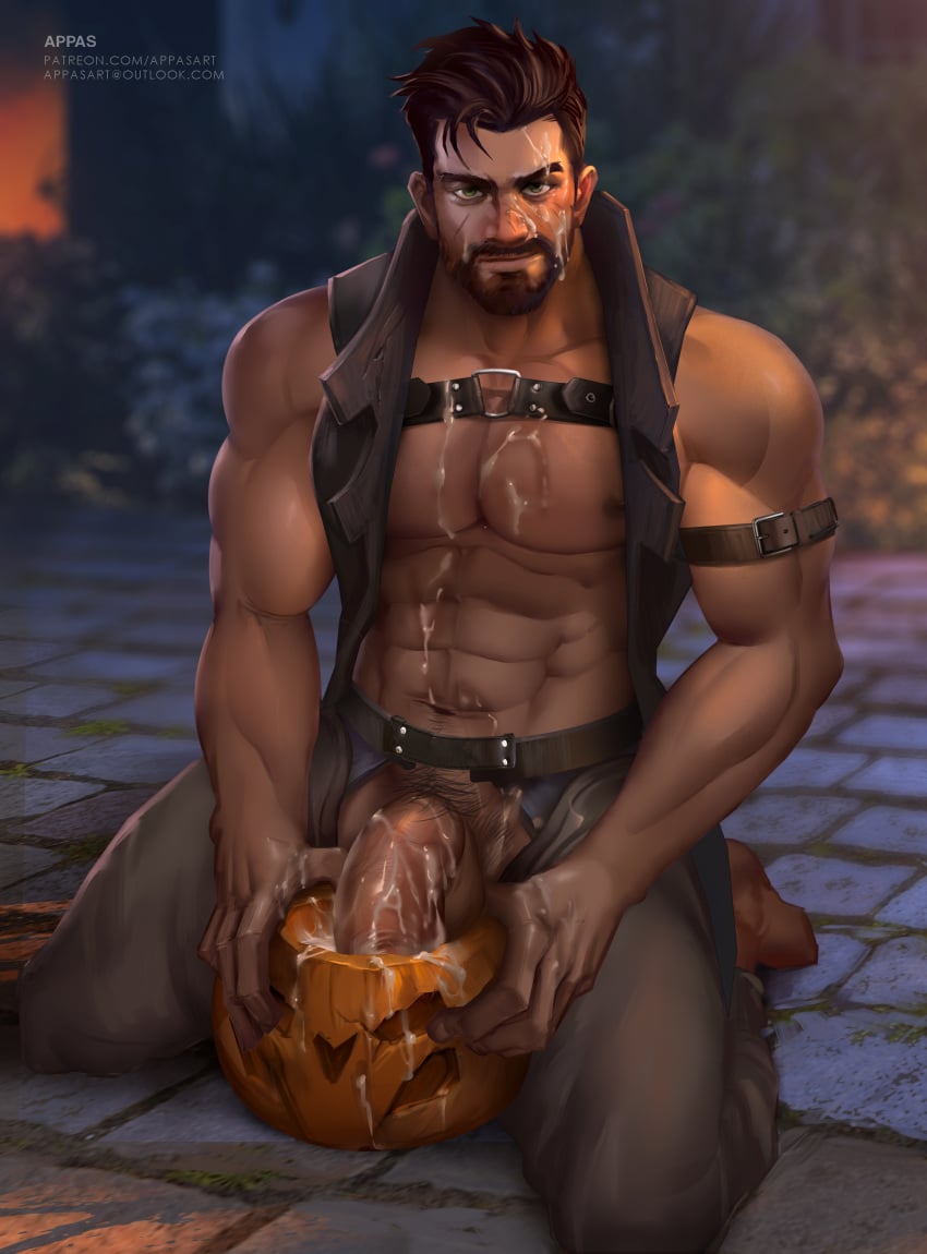 1boy abs activision appasart balls barefoot beard biceps big_penis blizzard_entertainment brown_hair cum cum_drip cum_inside_pumpkin cum_on_abs cum_on_balls cum_on_body cum_on_face cum_on_hand cum_on_hands cum_on_penis cum_on_upper_body gabriel_reyes girthy green_eyes halloween harness huge_cock jack-o'-lantern jacket leather leather_clothing leather_harness leather_jacket leather_pants male male/male male_only muscle muscle_tone muscular muscular_arms muscular_ass muscular_back muscular_legs muscular_male muscular_thighs nipples outdoor_nudity outdoors outside overlook overwatch overwatch_2 pants pants_down pecs pectorals penis pubic_hair pubic_hair_peek public public_exposure public_nudity pumpkin reaper scar scar_on_face scars tan_body veiny veiny_penis