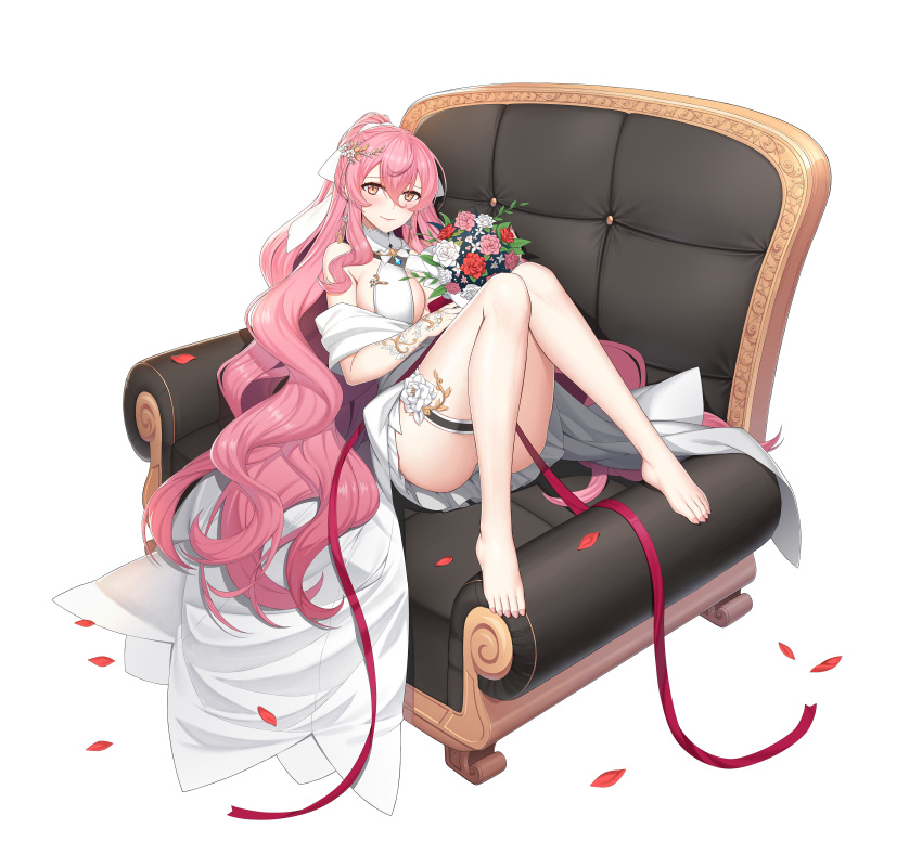 absurdres ass bare_legs bare_shoulders barefoot bouquet breasts chair convenient_leg counter:side dress female flower full_body hair_ornament highres holding knees_up large_breasts long_hair looking_at_viewer official_alternate_costume official_art orange_eyes pink_hair pleated_dress ponytail sitting_sideways smile solo thigh_strap transparent_background veronica_(counter:side) very_long_hair wavy_hair wedding_dress