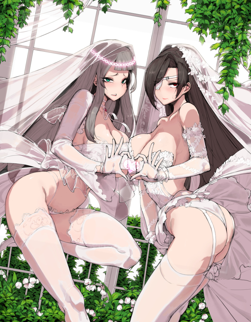 2girls absurdres alternate_costume ass bad_id bad_pixiv_id breasts bridal_veil cleavage collarbone counter:side deliciousmeatart dress eyepatch flower green_eyes heart heart_hands heart_hands_duo highres jaina_kropel large_breasts lee_sooyeon long_hair multiple_girls plant red_eyes replacer_queen see-through thighhighs veil wedding_dress