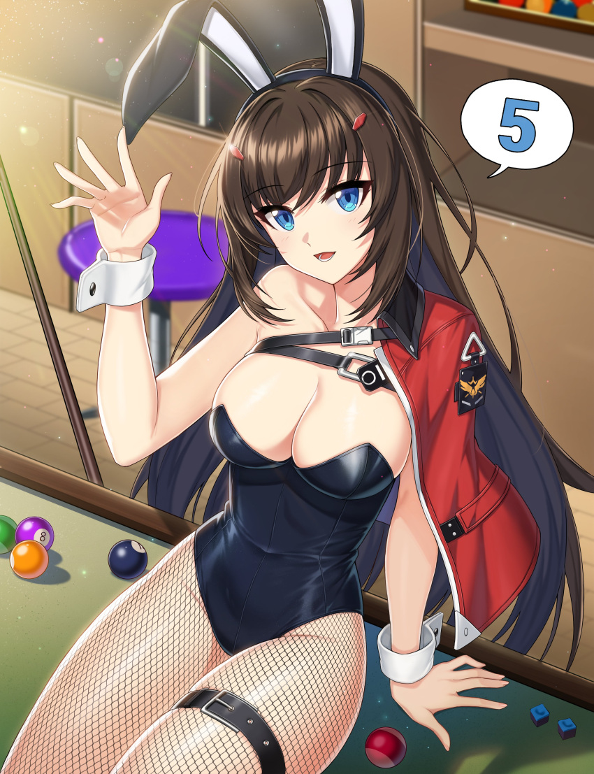 :d absurdres animal_ears ball billiard_ball billiard_chalk billiards black_hairband black_leotard blue_eyes breasts brown_hair buckle chest_strap cleavage collarbone collared_jacket counter:side cue_stick fake_animal_ears female fishnet_pantyhose fishnets glint groin hair_ornament hairband hand_on_table hand_up head_tilt highleg highleg_leotard highres jacket jacket_on_shoulders leaning_back lens_flare leotard light long_hair low_neckline medium_breasts numbered official_art open_mouth pantyhose playboy_bunny rabbit_ears red_jacket seo_yoon shadow sidelocks single_bare_shoulder sitting sitting_on_table smile solo speech_bubble spread_fingers stool strapless thigh_strap very_long_hair wrist_cuffs