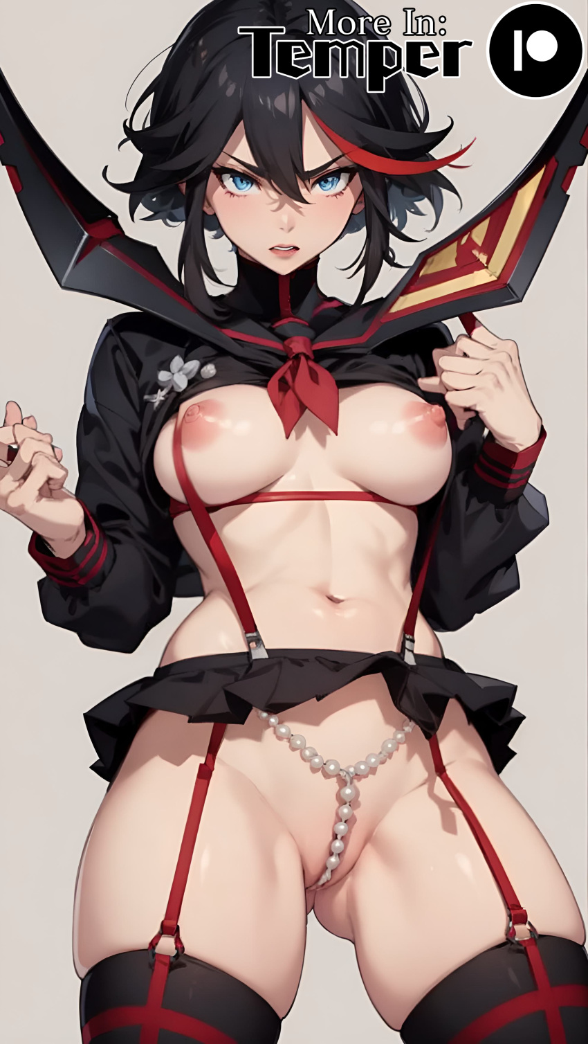 ai_generated kill_la_kill lingerie matoi_ryuuko medium_breasts pearl_bikini senketsu short_hair skirt_lift sling_bikini slingshot_swimsuit stable_diffusion temper_ai thong