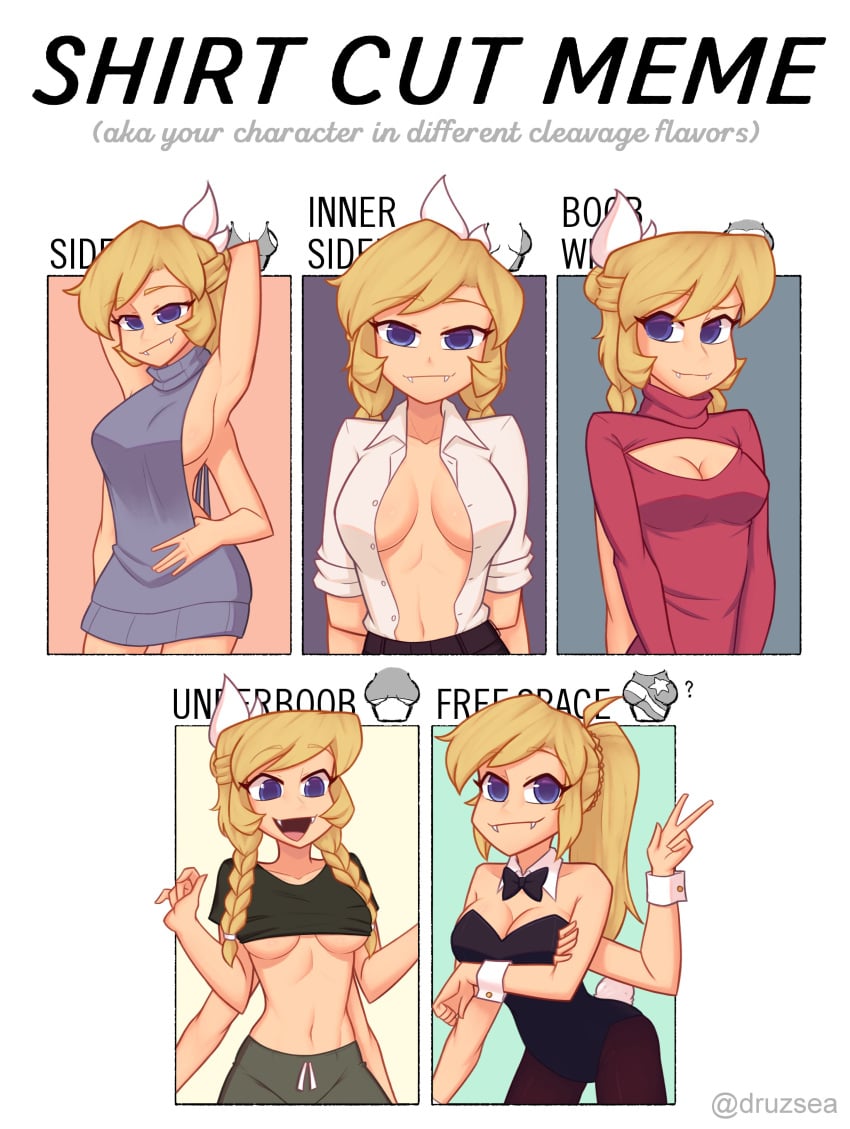 1girls 2d 4_arms backless_sweater blonde_hair blue_eyes bunny_girl bunny_suit bunnysuit collarbone fangs female female_only inner_sideboob long_hair looking_at_viewer medium_breasts multi_arm multi_limb nelly open_hole_sweater open_shirt peace_sign rolled_up_shirt shirt_cut_meme sideboob solo underboob xyroni