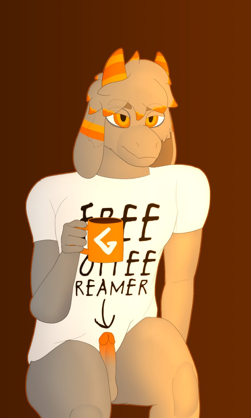 anthro balls bottomless bovid caprine cheek_tuft clothed clothing coffee_mug facial_tuft floppy_ears fur genitals glans goat grey_body grey_fur gusta gusta_(gusta) hair hi_res holding_mug holding_object horn male mammal mug orange_eyes orange_glans orange_horn orange_stripes penis shirt solo stripes suggestive_shirt suggestive_topwear t-shirt text text_on_clothing text_on_shirt text_on_topwear tired tired_eyes topwear tuft white_clothing white_shirt white_t-shirt white_topwear