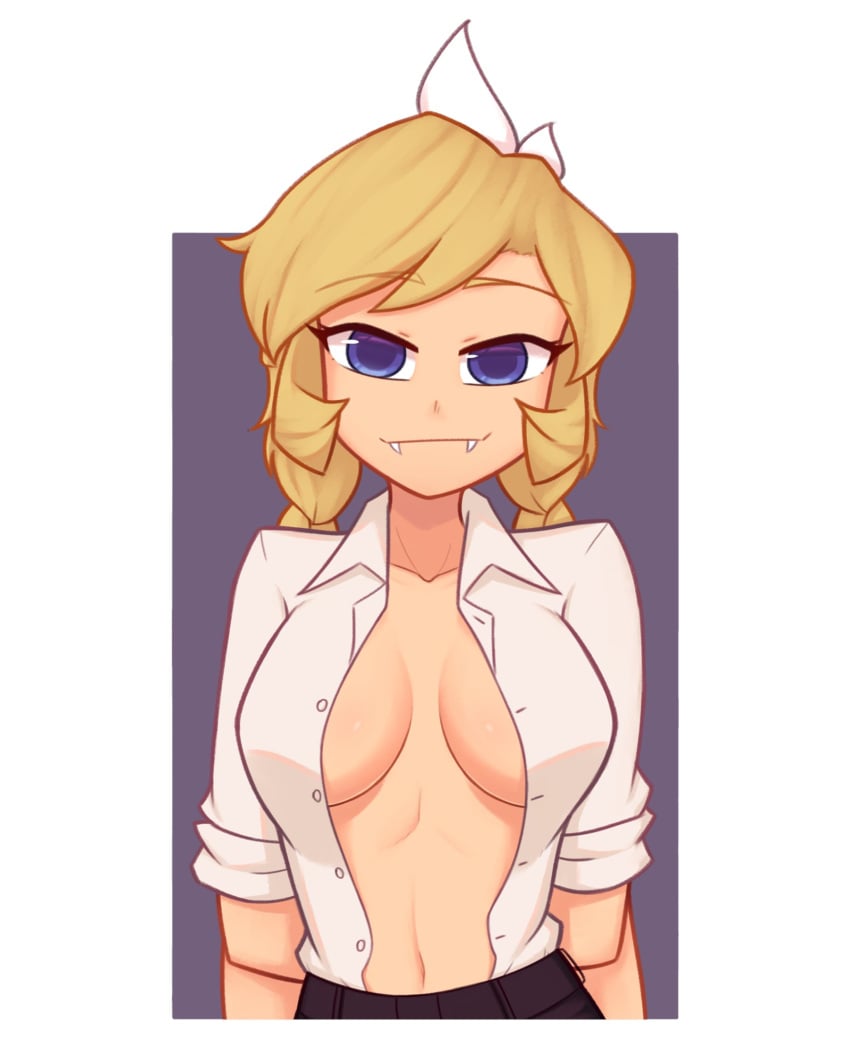 4_arms blonde_hair blue_eyes collarbone fangs inner_sideboob long_hair looking_at_viewer medium_breasts multi_arm multi_limb nelly open_shirt shirt_cut_meme white_background xyroni