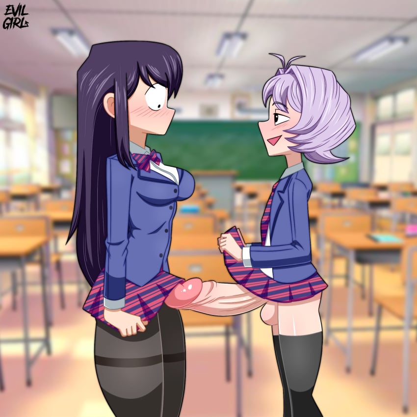 1femboy 1girls balls big_penis blush classroom cucked_by_femboy evilgirl female femboy femboy_on_female girly huge_cock hung_trap komi-san_wa_komyushou_desu komi_shouko large_penis looking_at_penis netorare osana_najimi penis penis_awe school_uniform textless trap uncensored