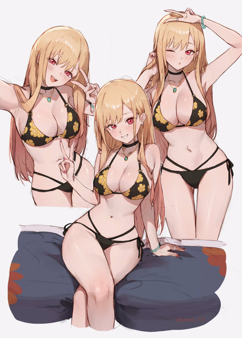 1girls 2d alternate_costume belly_button big_breasts bikini black_bikini blonde_hair blush blushing bracelet breasts choker cleavage curvy curvy_body curvy_figure cute ear_piercing earrings female female_focus female_only floral_print huge_breasts kitagawa_marin looking_at_viewer multicolored_hair navel necklace open_mouth peace_sign pearl_bracelet red_eyes selfie shiny shiny_breasts shiny_eyes shiny_hair shiny_skin smile solo sono_bisque_doll_wa_koi_wo_suru sooon swimsuit white_background