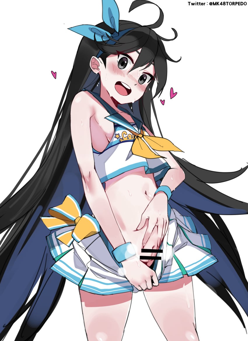 absurdly_long_hair absurdres bar_censor black_eyes black_hair blouse blue_hair blue_hairband blush censored cheerleader cleft_of_venus clothes_pull clothes_writing colored_inner_hair counter:side cowboy_shot crop_top female flipped_hair hair_between_eyes hairband heart highres long_hair looking_at_viewer midriff miniskirt multicolored_hair navel no_bra no_panties nose_blush open_mouth pleated_skirt presenting pussy shirt simple_background skirt skirt_pull sky_layfield sleeveless sleeveless_shirt smile solo standing sweat sweatband torpedo_(gad3757) twitter_username very_long_hair white_background