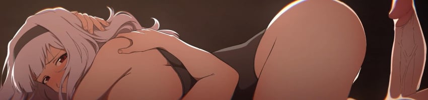 1boy 1girls ass breasts cum cum_in_pussy erection huge_breasts idolmaster idolmaster_(classic) kumako_(kumakonoh) large_ass large_breasts large_penis leotard long_penis looking_at_viewer penis screencap semen shijou_takane sideboob straight thick_penis thick_thighs thighs veiny_penis white_hair