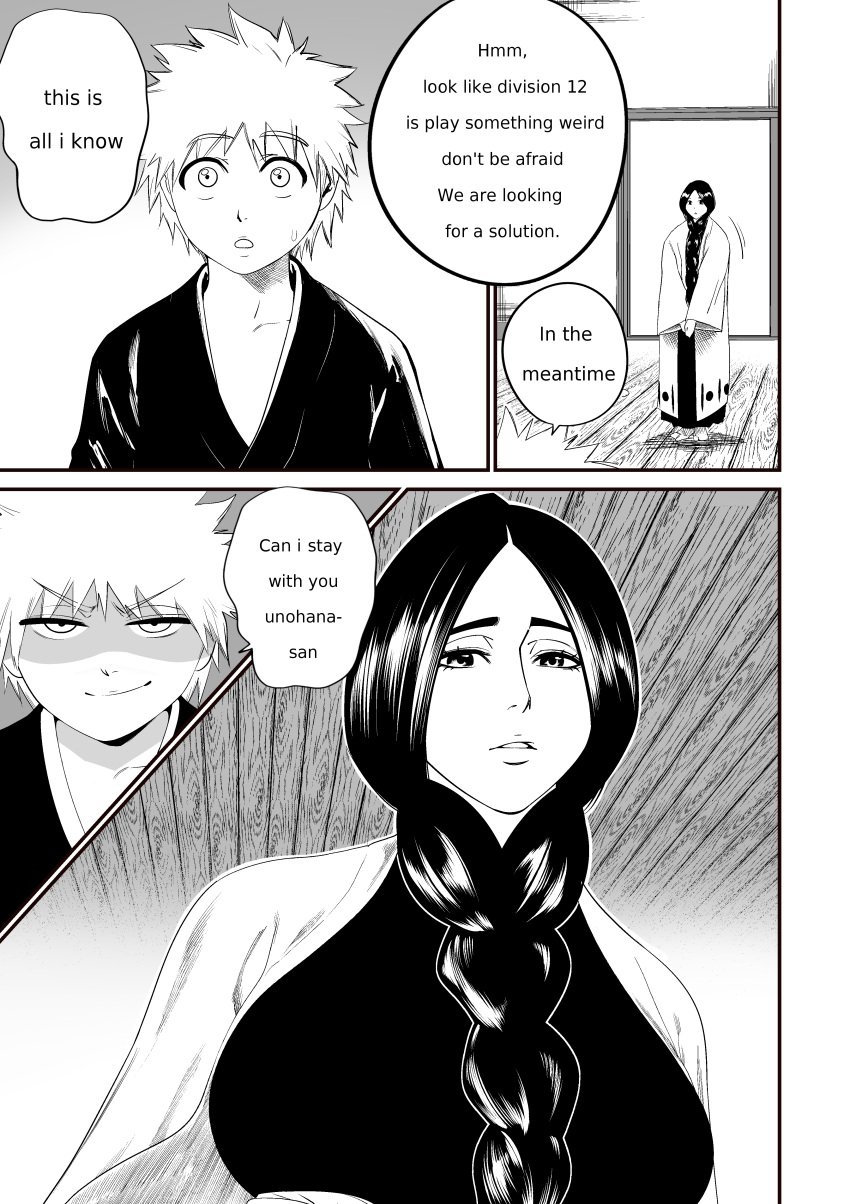 1boy 1girls age_difference before_sex big_breasts bleach bleach:_the_thousand-year_blood_war breasts comic dialogue english_text female huge_breasts ichigo_kurosaki long_hair male mature mature_female milf mon_smoothcent monochrome naughty_face older_male older_woman_and_younger_boy short_hair speech_bubble story text unohana_retsu unohana_yachiru very_long_hair voluptuous younger_male