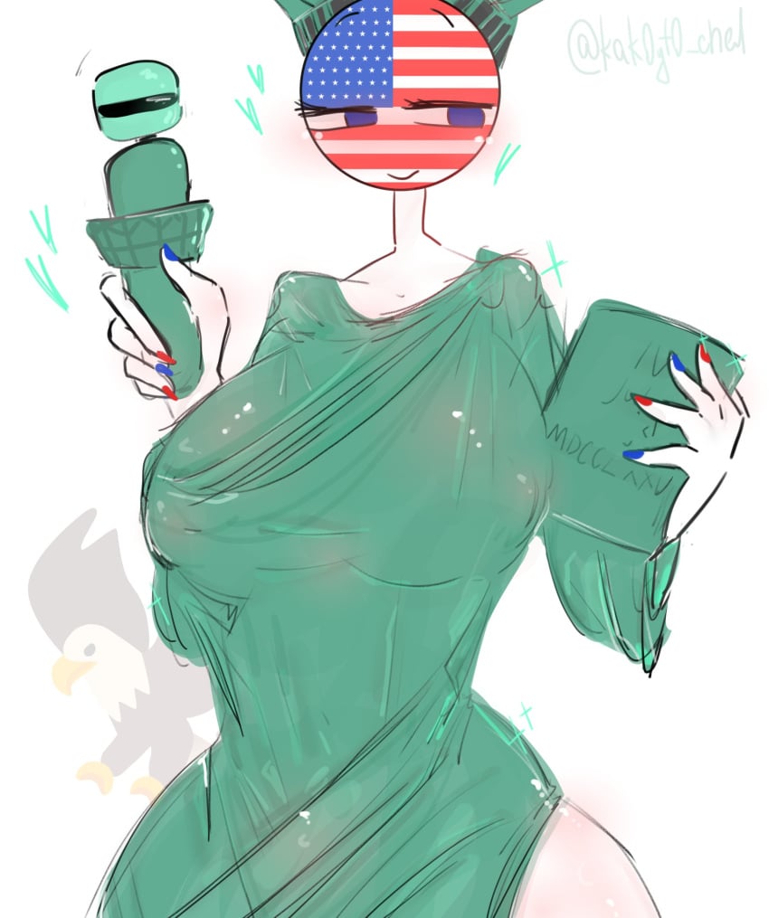 1girls blue_eyes countryhumans countryhumans_girl crown cyan_dress eagle female kak0yt0_chel public_domain solo statue_of_liberty tagme torch united_states_of_america_(countryhumans) white_body