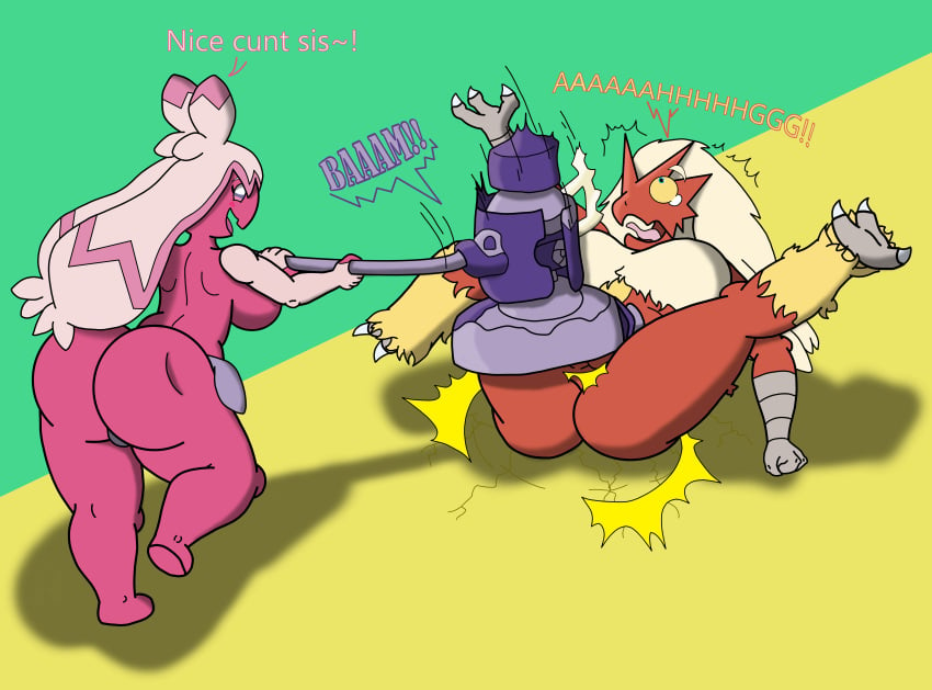 anthro_pokemon big_ass blaziken cuntbusting female_pokemon hammer hammer_weapon low_blow mswedgie123 pokemon pokemon_(species) pokemon_only pokemon_sv ryona shortstack smashing strike_on_women's_vital_spots tinkaton