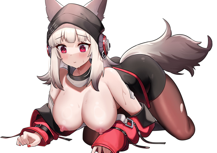 1girls animal_ears arknights bare_breasts blush breasts dishui_tangni fox_ears fox_girl fox_tail frostleaf_(arknights) headphones kemonomimi kneeling large_breasts light-skinned_female light_skin nipples red_eyes simple_background solo tail white_hair