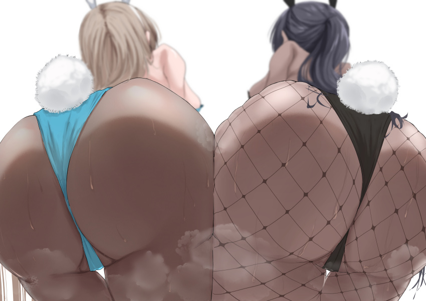 2girls absurd_res ass ass_focus asuna_(blue_archive) asuna_(bunny)_(blue_archive) black_hair blonde_hair blue_archive buchio_b bunny_ears bunny_girl bunnysuit chocolate_and_vanilla dark-skinned_female dark_skin dat_ass double_ass_focus female fishnets highleg_leotard huge_ass karin_(blue_archive) karin_(bunny)_(blue_archive) leotard light-skinned_female light_skin long_hair low-angle_view millennium_science_school_student multiple_girls tights