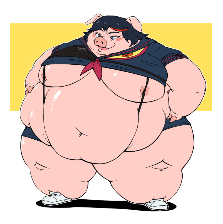 animal_transformation anthro anthro_only bbw big_belly big_breasts blush_stickers chubby chubby_female flabby_arms flabby_belly kill_la_kill matoi_ryuuko obese_female pig pig_girl senketsu ssbbw subakitsu tomboy