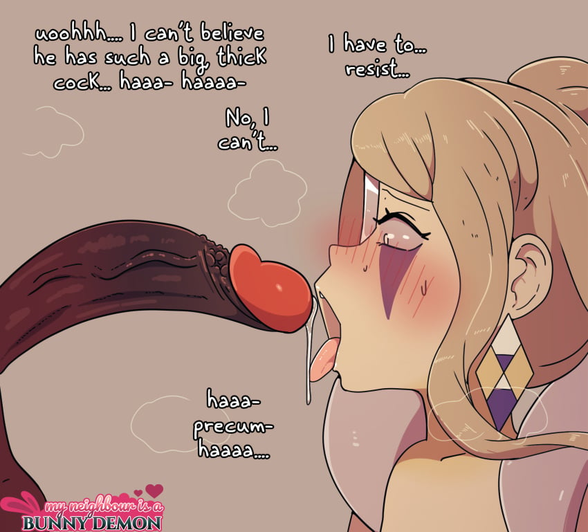 1boy 1girls big_penis blonde_hair blush demon dialogue dirty_talk english_text female hasselnut heavy_blush hi_res long_hair looking_at_penis male monster my_neighbour_is_a_bunny_demon open_mouth penis penis_awe precum precum_drip red_body side_view simple_background size_talk text tongue_out uncensored wolfgang_bang