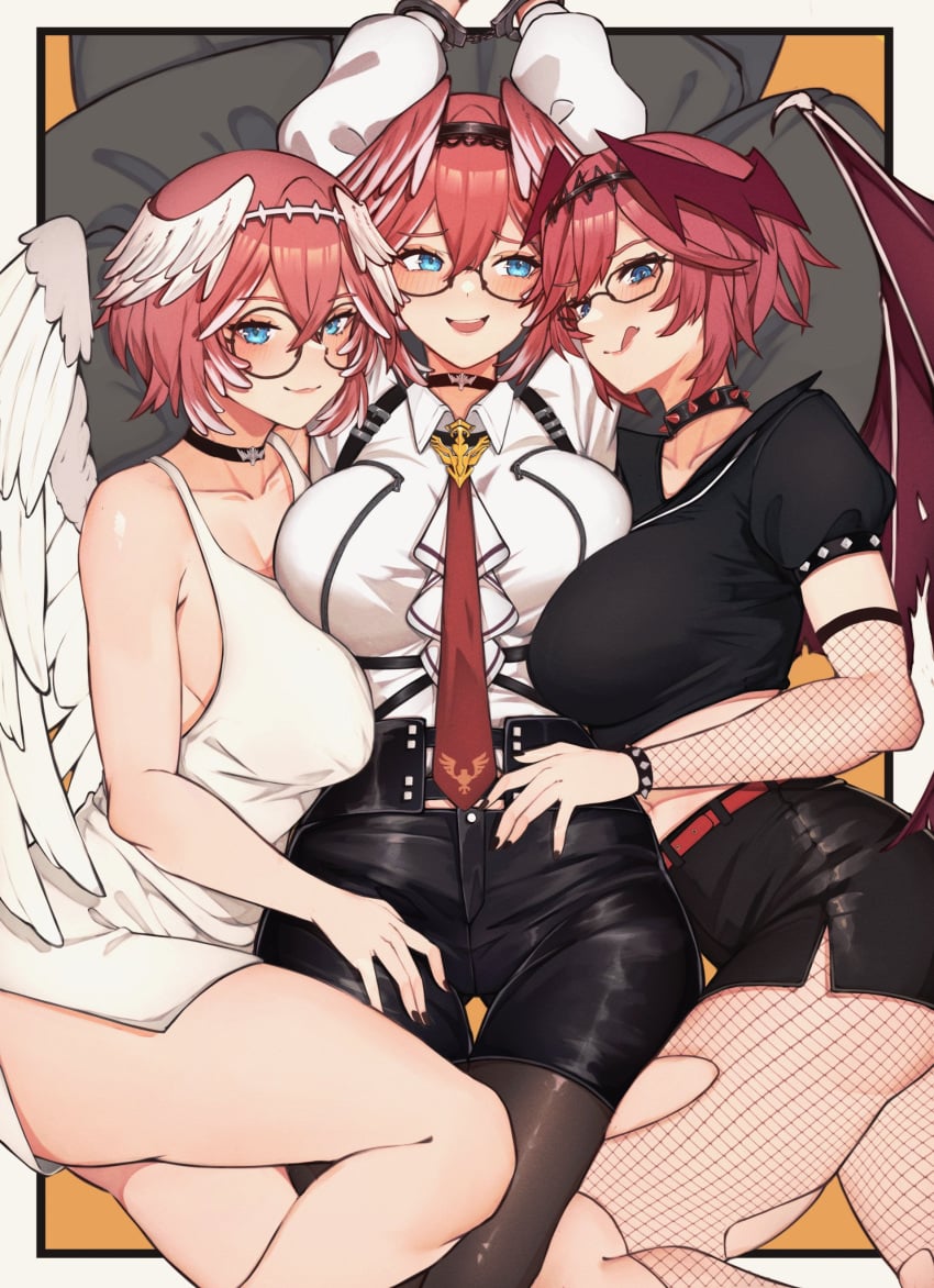 2d 3girls angel angel_wings blue_eyes blush demon_wings devil fishnet fishnets glasses hololive hololive_japan holox leather_shorts multiple_girls pink_hair round_glasses selfcest takane_lui varniskarnis virtual_youtuber wings