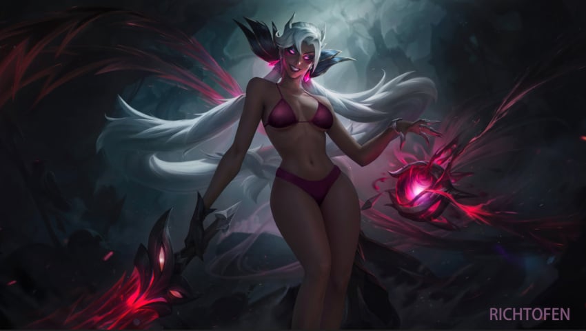 1girls 2d bikini brown_skin coven_nilah eclipse_series female female_only league_of_legends medium_breasts nilah purple_eyes richtofen riot_games white_hair