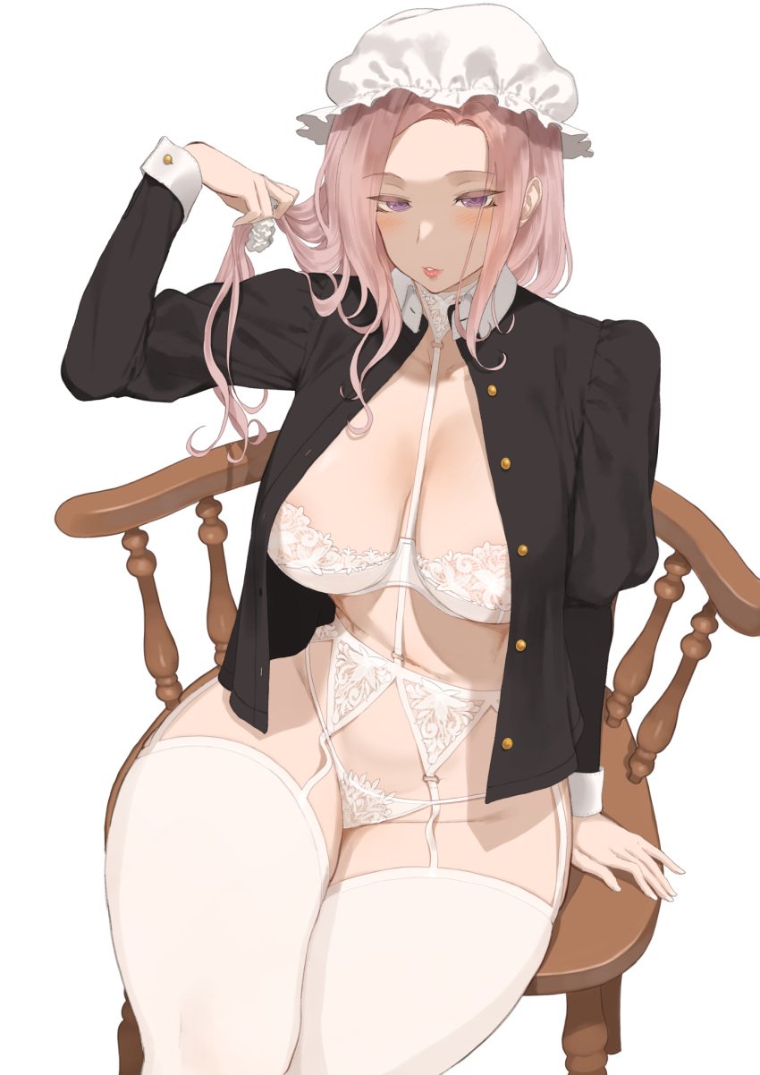 1girls big_breasts bra chair female female_only large_breasts lingerie long_hair long_sleeves maid open_shirt original original_character panties purple_eyes shirt sitting solo solo_female thick thick_thighs thighhighs throtem underwear voluptuous white_background wide_hips