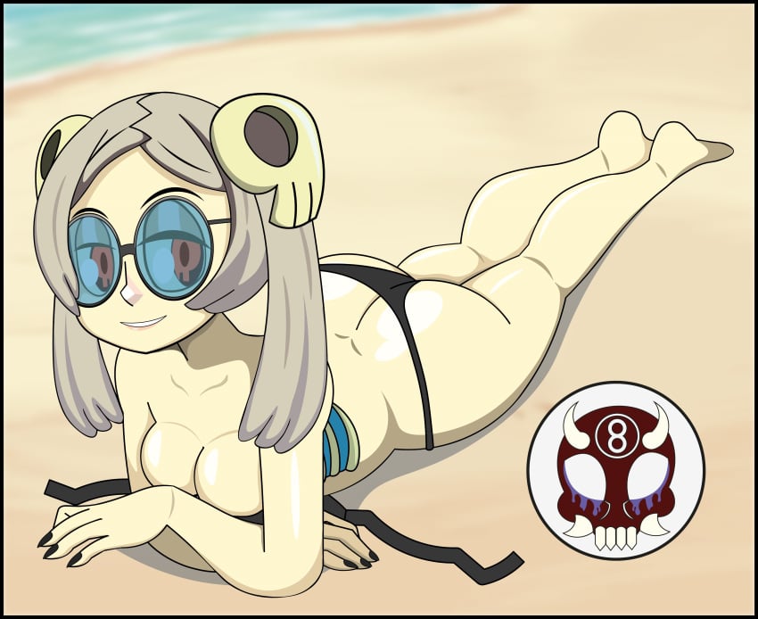 8ball9615 aged_up beach big_ass bikini black_nail_polish bloody_marie blue-tinted_eyewear grey_hair nipples_covered pale-skinned_female red_eyes skull_hair_ornament skullgirls sunglasses tinted_eyewear topless undead_female zombie_girl