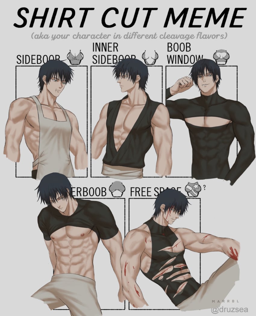 1boy abs apron boob_window cleavage dilf druzsea inner_sideboob jujutsu_kaisen male male_chest male_cleavage male_focus male_only marrbl meme muscles muscular muscular_male pecs pectorals ripped_clothing ripped_shirt shirt_cut_meme sideboob skin_tight solo tight_clothing toji_fushiguro underboob