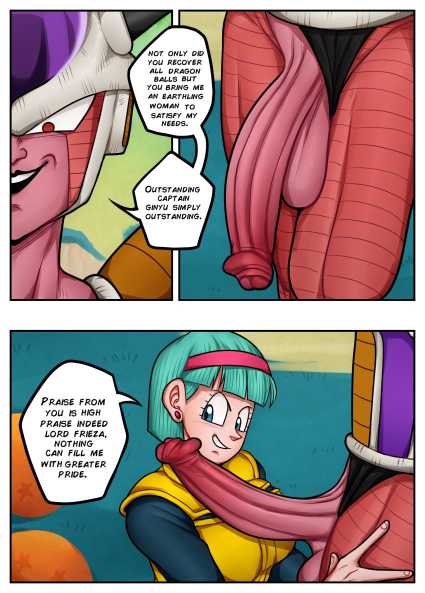 1boy 1girls balls big_penis body_swap breasts bulma_briefs bulma_briefs_(frieza_saga) captain_ginyu clothing detnox dialogue dragon_ball dragon_ball_(object) dragon_ball_z female frieza frieza_(first_form) looking_at_penis male penis technically_gay text thick_thighs wide_hips