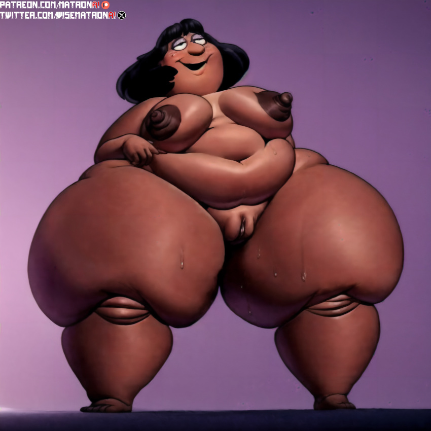 4k ai_generated areolae bbw belly belly_bulge big_belly big_breasts black_hair breasts brown_body brown_skin curvaceous curvy curvy_body curvy_female curvy_figure female female_only glad_gladys highres huge_hips matronai_(artist) nipples nude patreon patreon_username pinup pussy ssbbw stable_diffusion sweat the_electric_company thick_hips thick_thighs twitter_username voluptuous voluptuous_female wide_hips