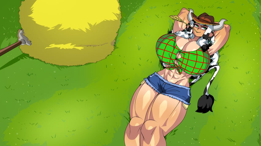 2d abs bursting_breasts captain_kirb commission cow_ears cow_girl cow_horns cow_print cow_tail cowboy_hat cowgirl earrings grass_field green_eyes horns huge_breasts laying_down milkbar_(beefmaster) muscular_female short_shorts wheat_in_mouth white_hair