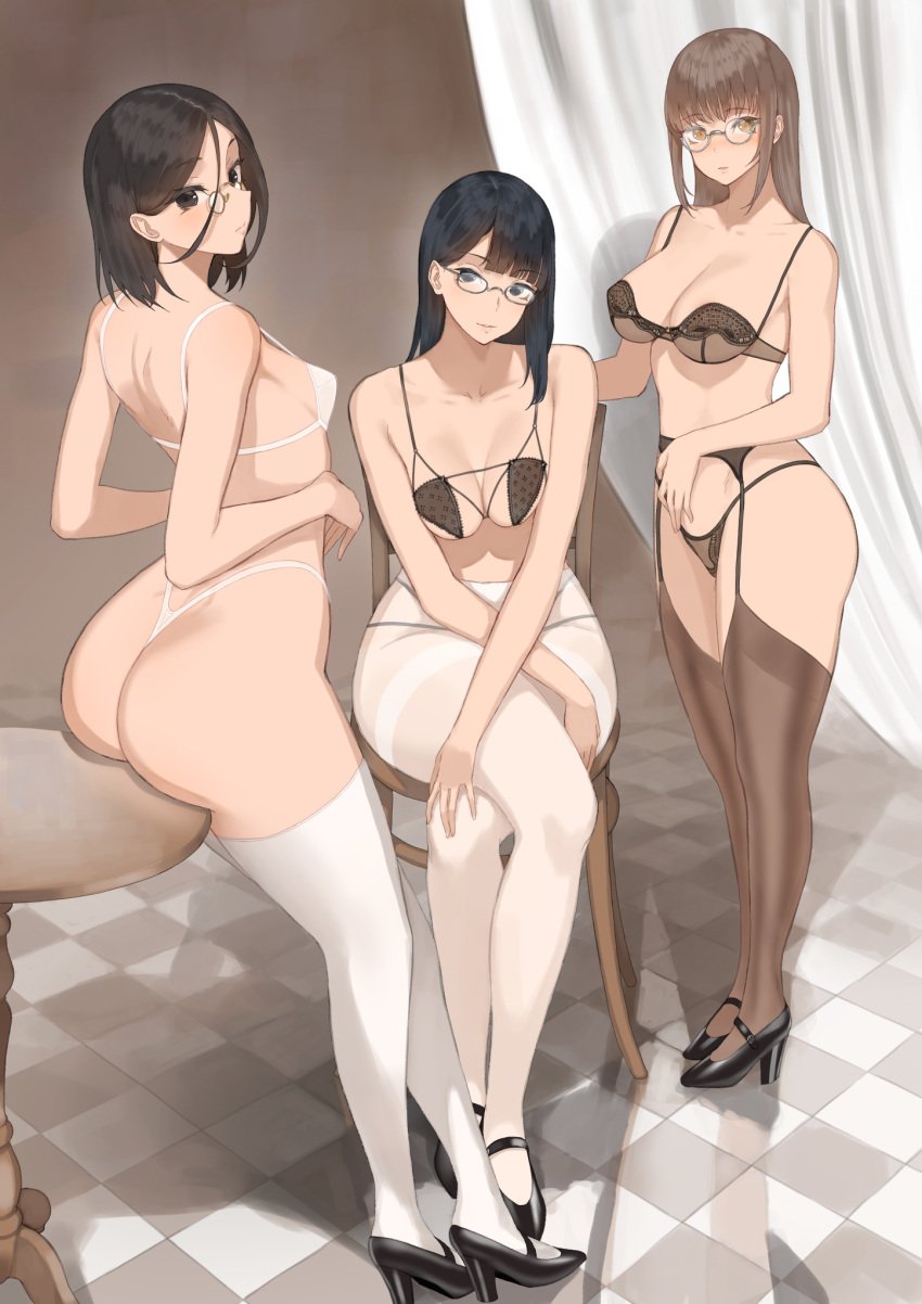 3girls ass big_ass big_butt black_hair bra brown_hair chair female female_only glasses high_heels indoors lingerie looking_at_viewer maid medium_breasts original original_character original_characters panties pantyhose pear_shaped sitting small_breasts table thick thick_ass thick_thighs thighhighs thong throtem underwear voluptuous