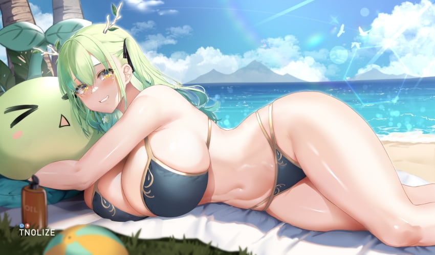 1girls alternate_version_available beach beach_towel belly_button bikini blush body_oil ceres_fauna fan_mascot_(vtuber) green_hair hololive hololive_english hololive_english_-council- hololive_english_-promise- hourglass_figure large_breasts looking_at_viewer lotion saplings_(ceres_fauna) sea smile stomach thick_thighs tnolize tummy virtual_youtuber yellow_eyes