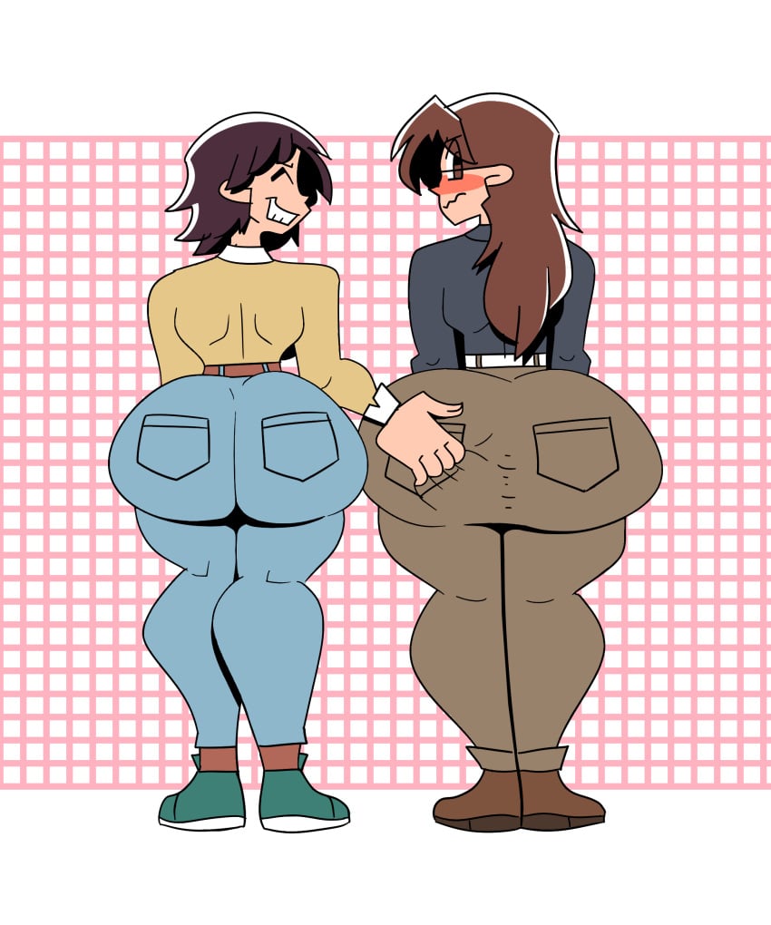 2girls ass ass_focus ass_grab ass_size_difference azumanga_daiou back back_view big_ass blush butt_size_difference clothed clothing color commission commissioner_upload embarrassed female female_only grid_background grin huge_ass ineptoutcast jeans koyomi_mizuhara long_sleeves looking looking_over_shoulder pants smile standing tomo_takino white_background yuri