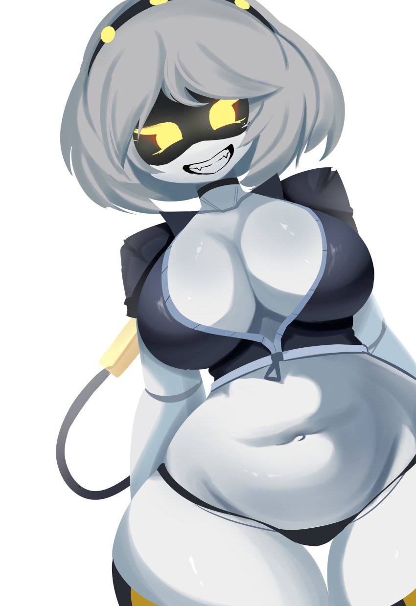 alaki_zezo ass big_ass big_breasts big_thighs drone female_only glitch_productions gray_hair murder_drones open_jacket robot robot_girl smile smiling v_(murder_drones) white_body yellow_eyes