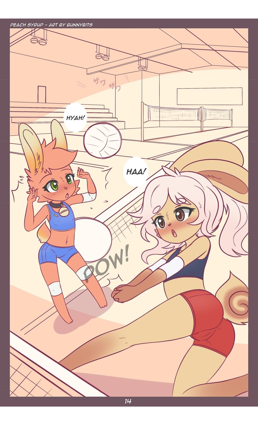 2019 absurd_res amelie_(bunnybits) anthro blush bunnybits comic digital_media_(artwork) duo female fur green_eyes hair hi_res lagomorph leporid mammal rabbit sport sportswear volleyball young