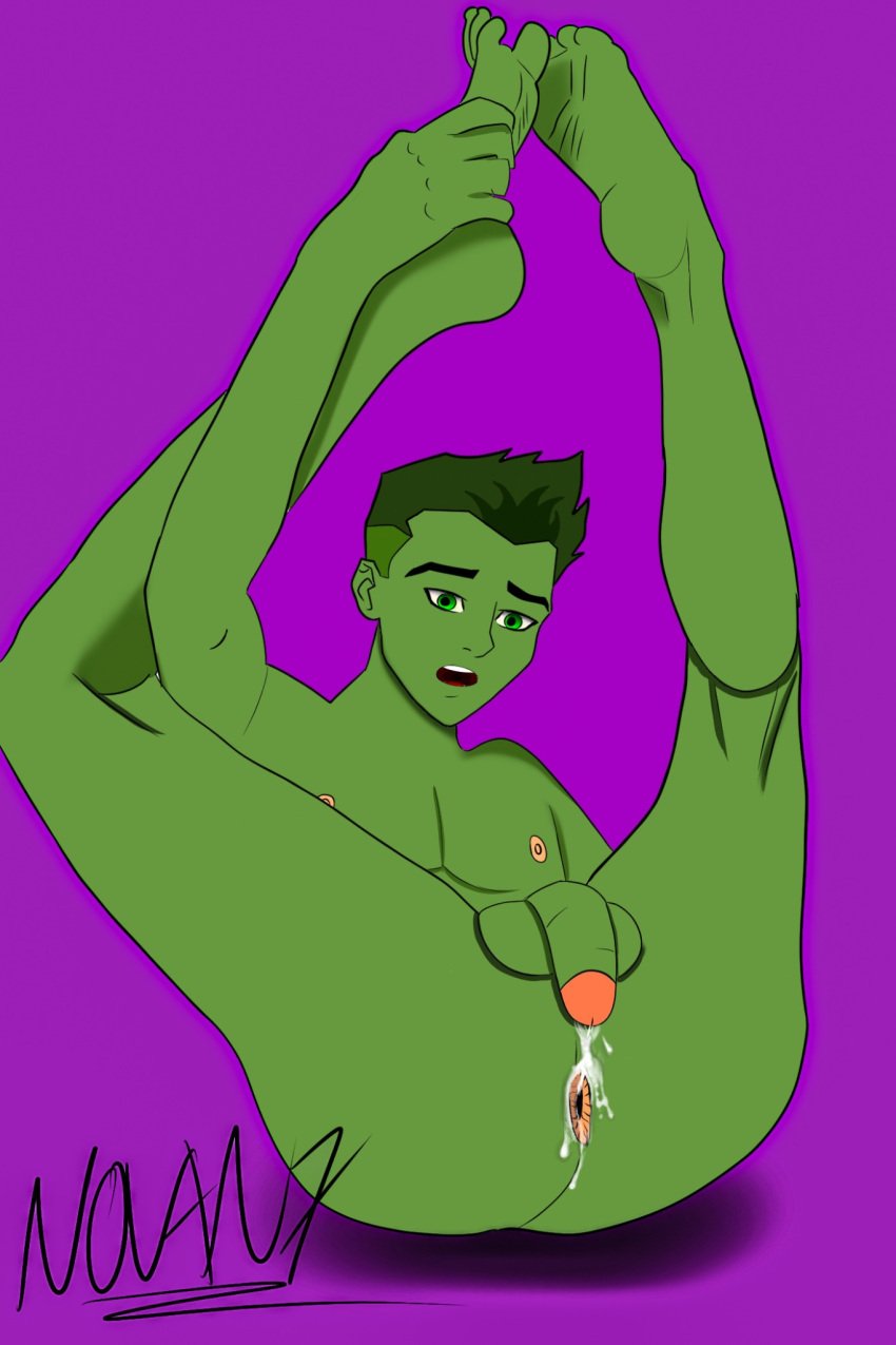 1boy anus balls beast_boy cum cum_in_ass cum_in_own_ass cumming dc dc_comics flaccid garfield_logan gay green_eyes green_hair green_skin male male_only novan_(art) nude penis skinny solo teen_titans teenager uncensored yaoi young