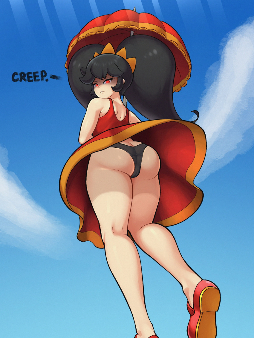 1girls aged_up alternate_version_available ashley_(warioware) black_hair black_panties female female_only huge_ass mario_(series) nintendo parasol red_dress red_eyes red_shoes sleepiitreat solo tagme upskirt warioware