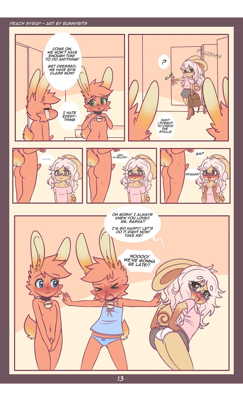 2019 absurd_res amelie_(bunnybits) anthro bell bell_collar blue_eyes blush brother_(lore) brother_and_sister_(lore) bunnybits clothed clothing collar comic dialogue digital_media_(artwork) english_text erection eyewear female fur glasses green_eyes group hair hi_res lagomorph leporid male mammal nipples rabbit sasha_(bunnybits) sibling_(lore) sister_(lore) text trio underwear young