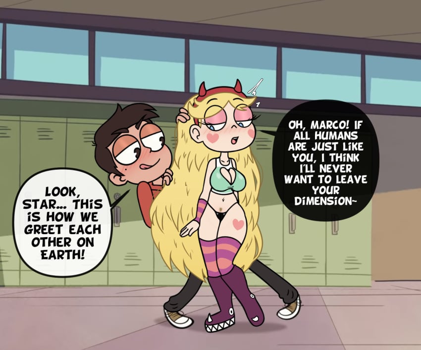 1boy 1girls accurate_art_style brown_hair edit edited edited_screencap english english_dialogue english_text female hairjob long_hair marco_diaz medium_breasts screen_capture screencap screenshot screenshot_edit star_butterfly star_vs_the_forces_of_evil steca striped_legwear talking thelazyart thick thick_legs thick_thighs