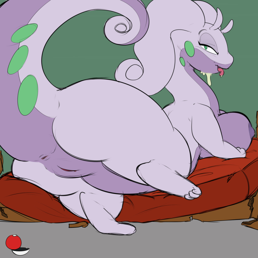 2023 anthro anus ass bedroom_eyes breasts broken_bed female generation_6_pokemon genitals goodra hi_res looking_at_viewer narrowed_eyes nintendo pokeball pokemon pokemon_(species) presenting presenting_hindquarters pussy seductive solo tagme thick_thighs vagoncho